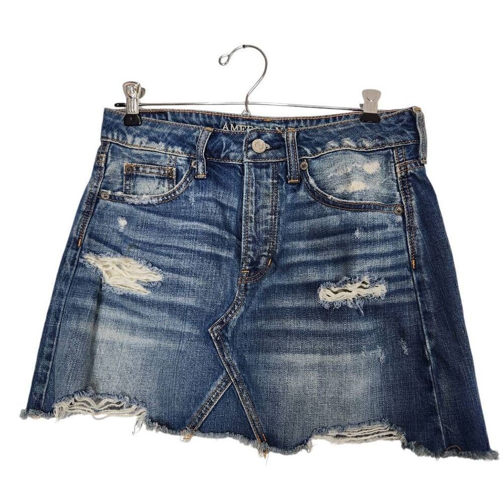 American‎ Eagle Outfitters distressed denim mini skirt blue jean button fly 2